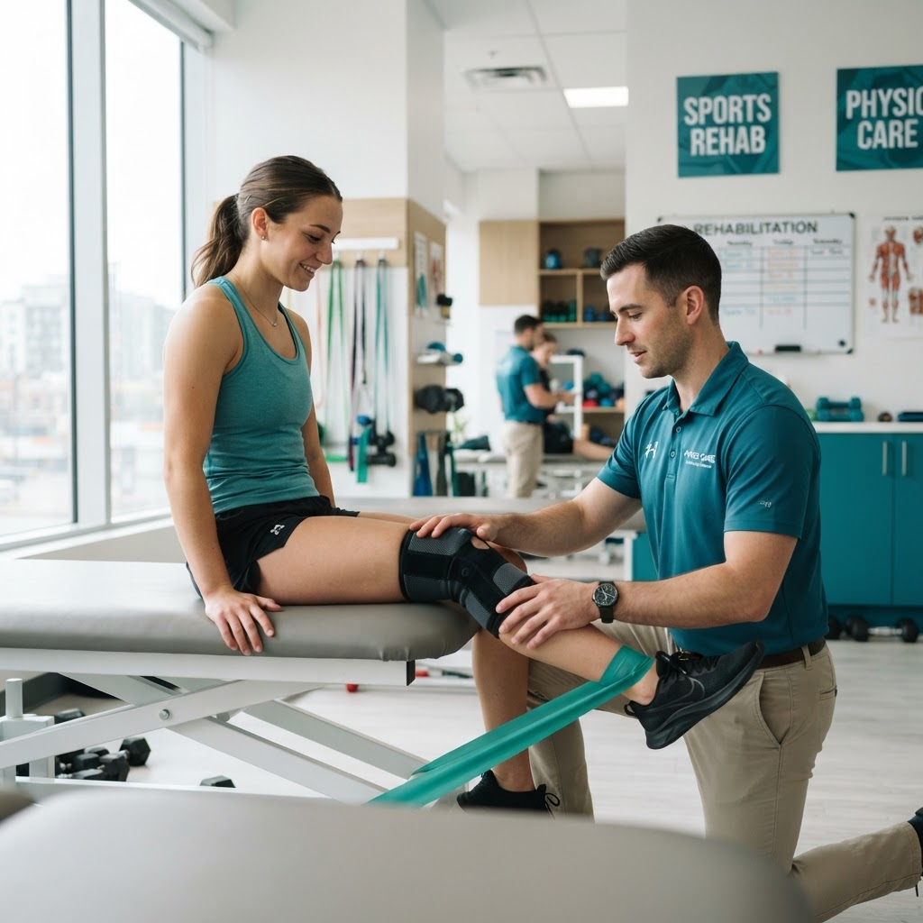 Physiotherapist Vandit Gandhi assisting an athlete with knee rehabilitation in a modern clinic